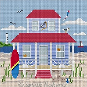 Susan Roberts Needlepoint Designs - Hand-painted Canvas -  Blue Beach Cottage