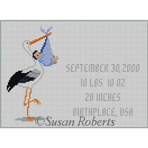 Susan Roberts Needlepoint Designs - Hand-painted Canvas - Stork with Baby - Blue
