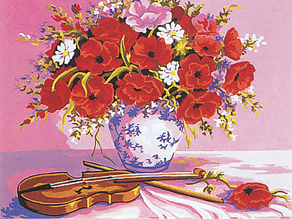 Vase of Poppies with Violin  - Collection d'Art Needlepoint Canvas