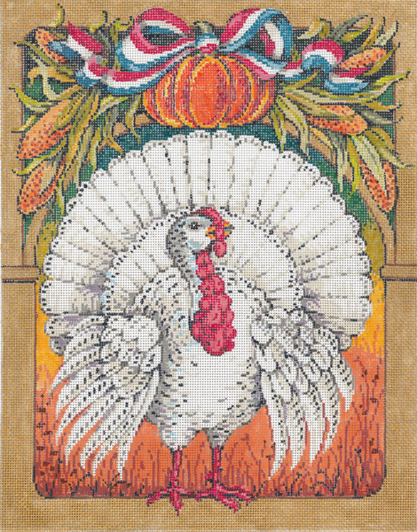 An easy beginner needlepoint kit of a rooster in the morning sun by Sandra  Gilmore that is stitch-painted onto 7 mesh needlepoint canvas. The design  area measures 9 x 9 and it