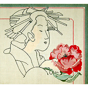 Geisha with Red Poppy - Hand Painted Needlepoint Canvas by Joy Juarez