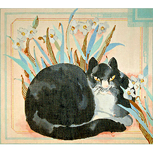 Killer the Cat in Narcissus Bulbs - Hand Painted Needlepoint Canvas by Joy Juarez