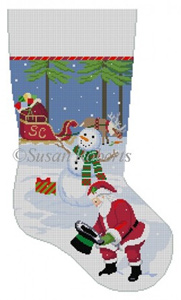 Susan Roberts Needlepoint Designs - Hand-painted Christmas Stocking - Snowman's Hat & Santa