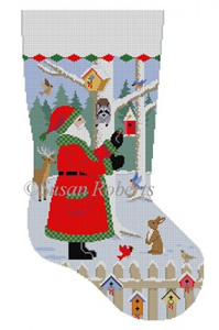 Susan Roberts Needlepoint Designs - Hand-painted Christmas Stocking - Santa with Bird Wreaths
