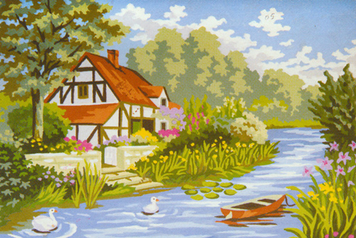 Cottage by the Stream  - Collection d'Art Needlepoint Canvas