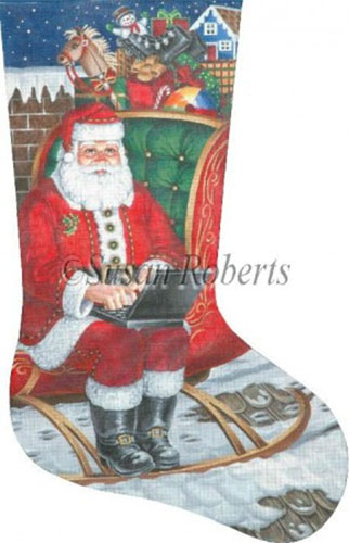 Laptop Santa - 13 Count Hand Painted Needlepoint Stocking Canvas