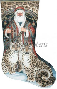 Santa & Snow Leopards Hand Painted Needlepoint Stocking Canvas