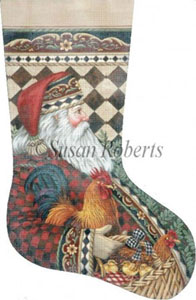 Santa and Rooster Hand Painted Needlepoint Stocking Canvas
