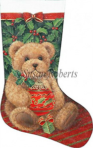 Holly Bear - 13 Count Hand Painted Needlepoint Stocking Canvas