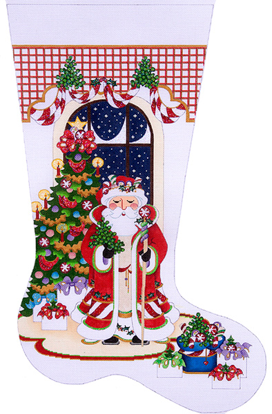 Candy Cane Santa with Tree Hand-painted Christmas Stocking Canvas