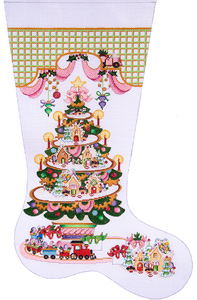 Gingerbread Village Tree Hand-painted Christmas Stocking Canvas