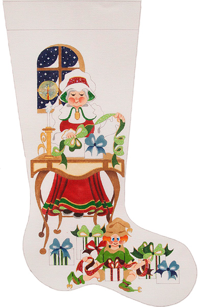 Mrs. Santa at Desk with Gifts Hand-painted Christmas Stocking Canvas