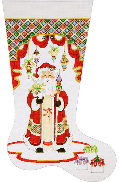 Santa With Long Coat, Staff and Diamond Top - Hand-painted Christmas Stocking Canvas