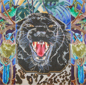 Black Leopard with Forest Birds - Hand Painted Needlepoint Canvas by Joy Juarez