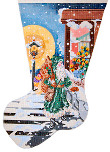 Father Christmas & Child Decorating Tree - Hand Painted Needlepoint Christmas Stocking Canvas by Joy Juarez