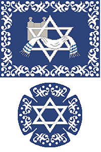Filagree Border Blue Needlepoint Tallis Canvas and Needlepoint Yarmulke Combination