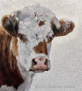 Liz Goodrick-Dillon Hand Painted Needlepoint - Moo, Guernsey Cow Portrait
