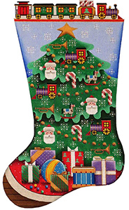 Train Tree Hand Painted Stocking Canvas from Rebecca Wood