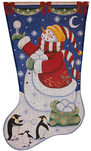 Snowballs (Christmas Penguins Hand Painted Stocking Canvas from Rebecca Wood