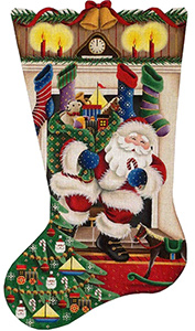 Out of the Fireplace (Boy) Hand Painted Stocking Canvas from Rebecca Wood