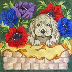 Puppy in Flower Basket Hand Painted Needlepoint Cushion Canvas