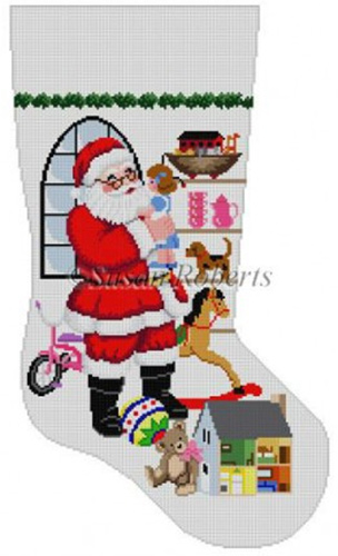 Susan Roberts Needlepoint Designs - Hand-painted Christmas Stocking - Santa Standing in Front of Window (for a Girl) Stocking