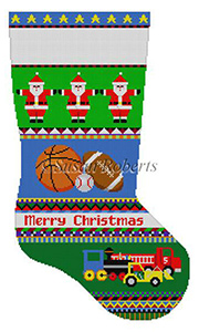 Susan Roberts Needlepoint Designs - Hand-painted Christmas Stocking - Bold Stripe Sport Balls and Trucks Stocking
