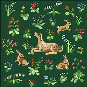 Susan Roberts Hand Painted Needlepoint Canvas - Cluny Rabbits & Hound - Square
