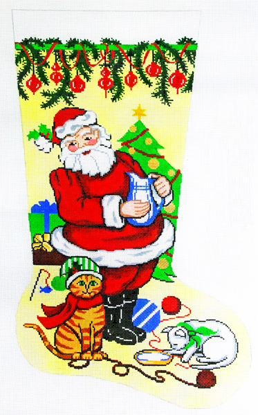 Santa with Kittens Hand-painted Christmas Stocking Canvas