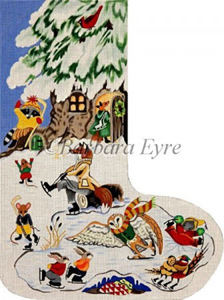 Barbara Eyre Needlepoint Designs - Hand-painted Christmas Stocking - Animal Skating Party Stocking