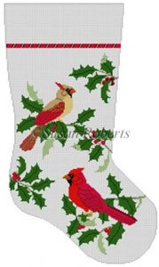 Susan Roberts Needlepoint Designs - Hand-painted Christmas Stocking - Cardinals In Holly
