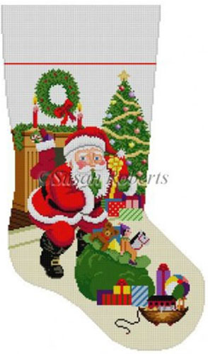 Susan Roberts Needlepoint Designs - Hand-painted Christmas Stocking - Shhh Santa With Bag of Toys