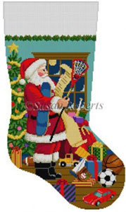 Susan Roberts Needlepoint Designs - Hand-painted Christmas Stocking - Santa's List, Boys Sports Toys