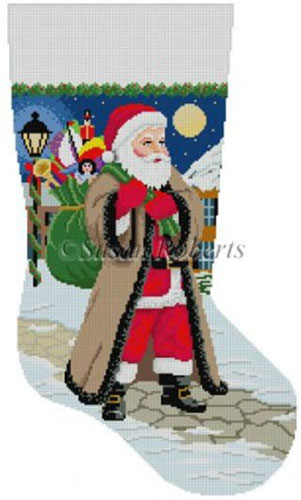 Susan Roberts Needlepoint Designs - Hand-painted Christmas Stocking - Santa Coming Up Sidewalk