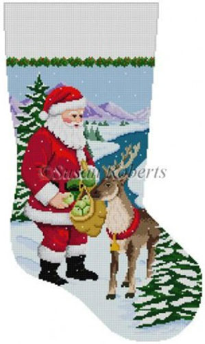 Susan Roberts Needlepoint Designs - Hand-painted Christmas Stocking - Santa Feeding Apples to Reindeer