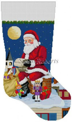 Susan Roberts Needlepoint Designs - Hand-painted Christmas Stocking - Santa Reading List on Chimney