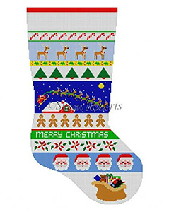 Susan Roberts Needlepoint Designs - Hand-painted Christmas Stocking - Sleigh Over the House Stripe Stocking