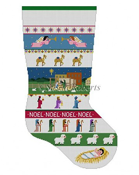 Susan Roberts Needlepoint Designs - Hand-painted Christmas Stocking - Nativity Stripe Stocking