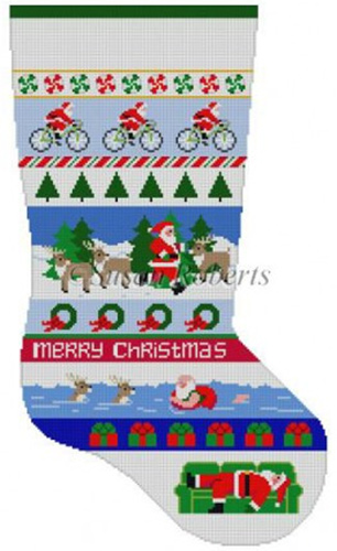 Susan Roberts Needlepoint Designs - Hand-painted Christmas Stocking - Triathlon Santa Stripe Stocking