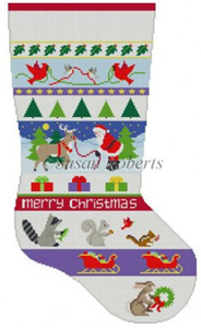 Susan Roberts Needlepoint Designs - Hand-painted Christmas Stocking - Santa & Animals Stripe Stocking