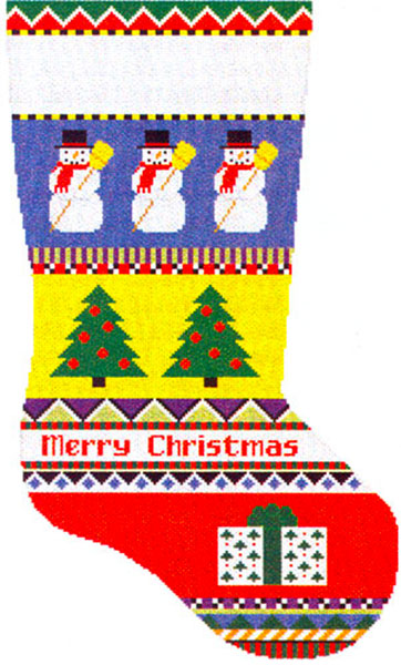Susan Roberts Needlepoint Designs - Hand-painted Christmas Stocking - Bold Stripe Snowman Stocking