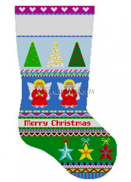 Susan Roberts Needlepoint Designs - Hand-painted Christmas Stocking - Bold Stripe Angels