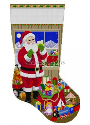 Susan Roberts Needlepoint Designs - Hand-painted Christmas Stocking - Santa Packing the Bags