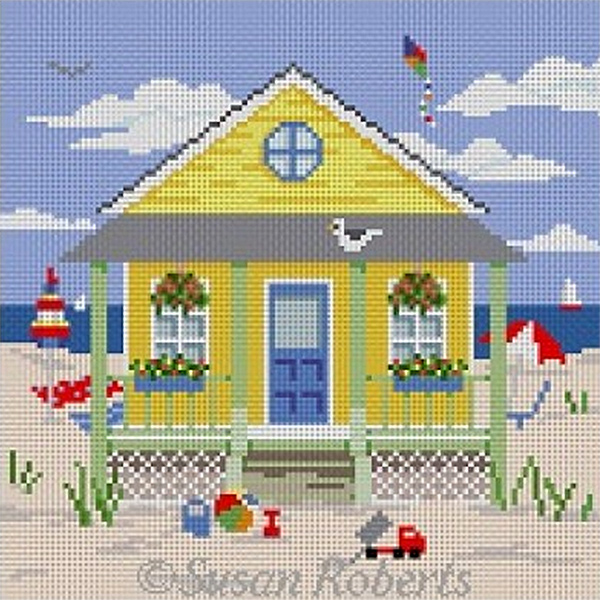 Susan Roberts Needlepoint Designs - Hand-painted Canvas -  Yellow Beach Cottage