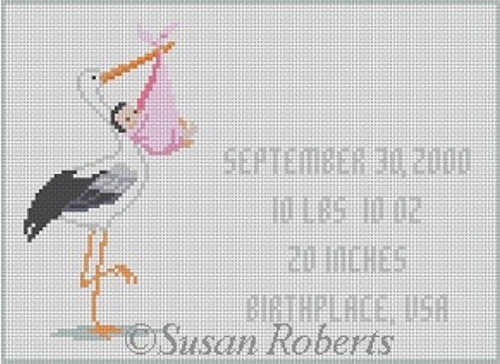 Susan Roberts Needlepoint Designs - Hand-painted Canvas - Stork with Baby - Pink