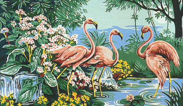 Margot Creations de Paris Needlepoint (Flamants Roses) Pink Flamingos Medium Needlepoint Canvas