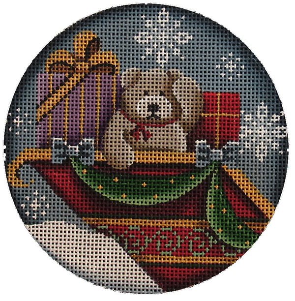 Teddy in the Sleigh Hand Painted Christmas Ornament Canvas from Rebecca Wood