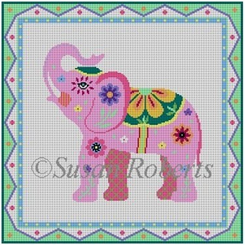 Susan Roberts Needlepoint Designs - Hand-painted Canvas - Pink Lucky Elephant - 18 Count