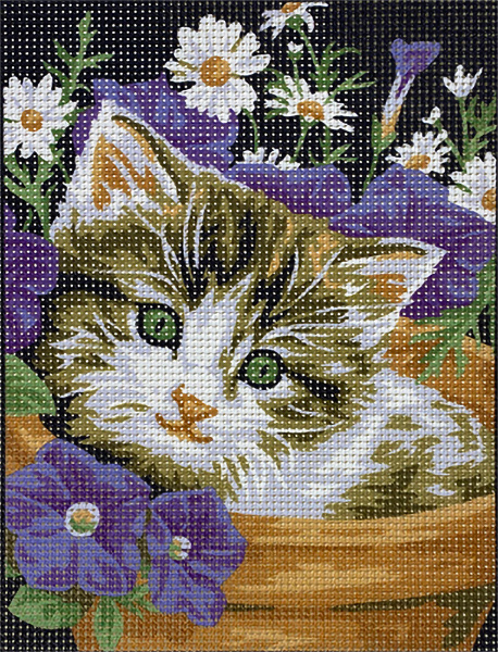 Royal Paris Petit Chaton (Little Kitten in Flowerpot Needlepoint Canvas or Kit