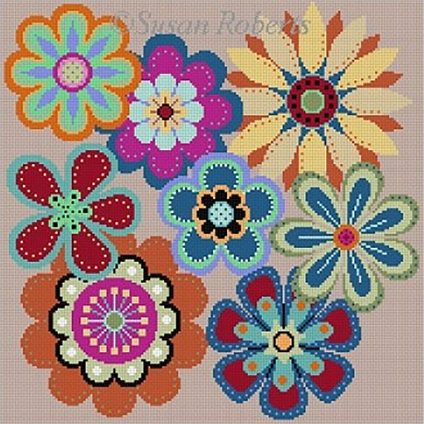 Susan Roberts Needlepoint Designs - Hand-painted Canvas -  Flowers Pop 13 Count